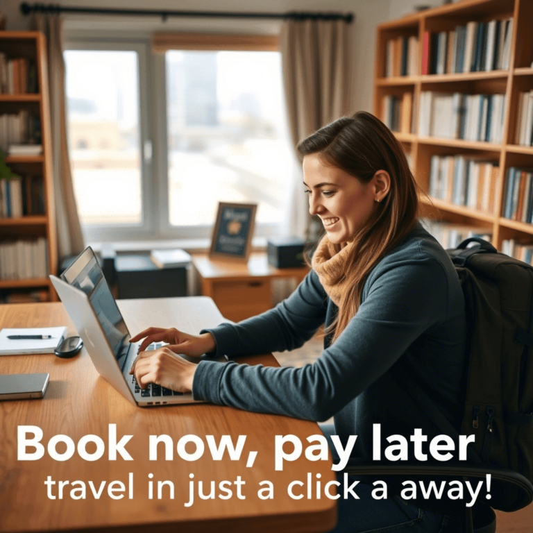 A traveler sitting at a desk with a laptop, smiling while booking a flight online. Caption: "Book now, pay later—stress-free travel is just a click away!