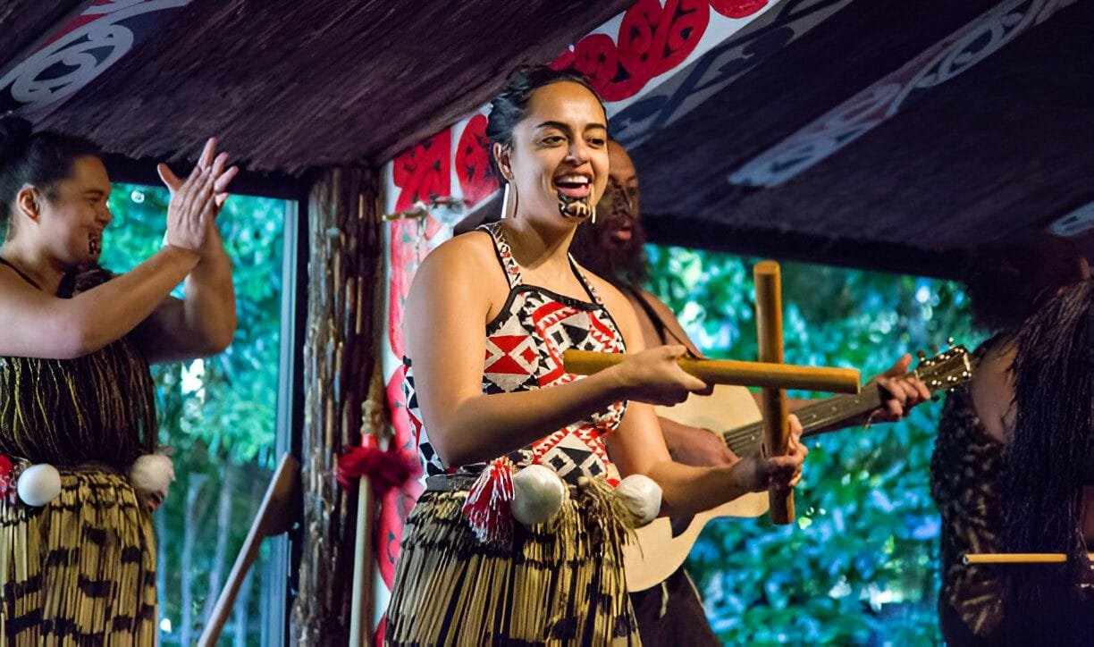 Traditional Māori haka performance at Tamaki Māori Village, Rotorua
