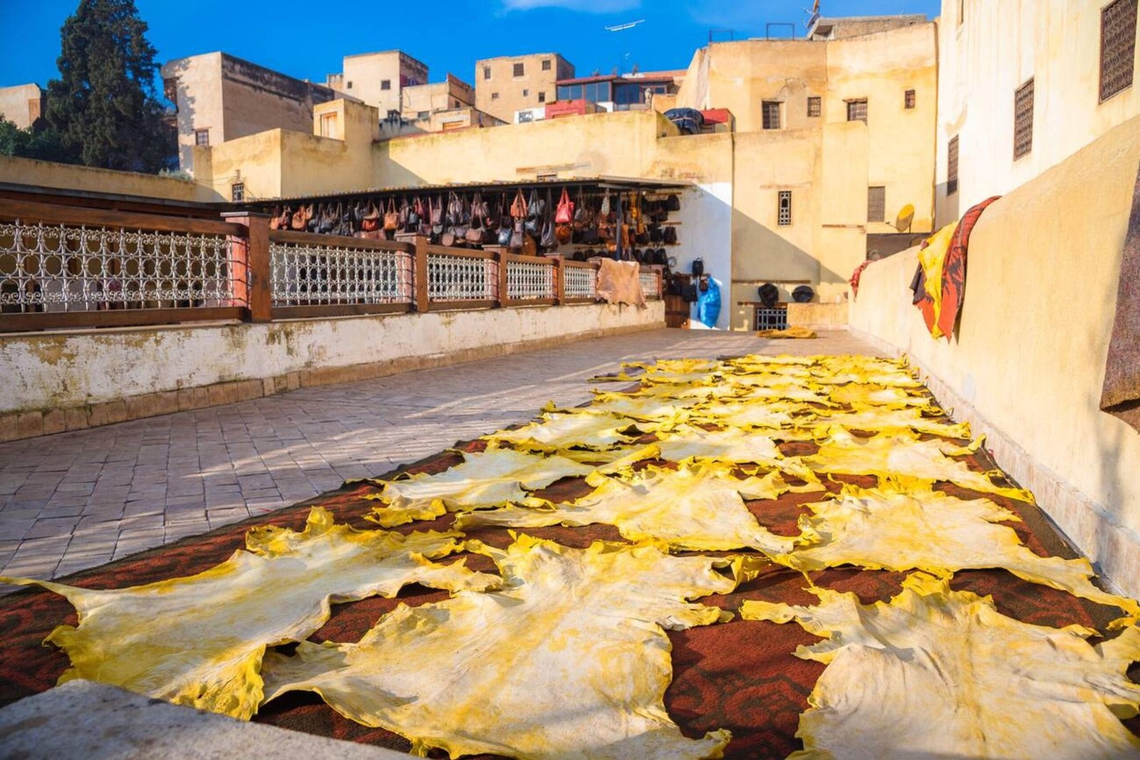 Workers dyeing leather at Chouara Tannery, Fes, Morocco.