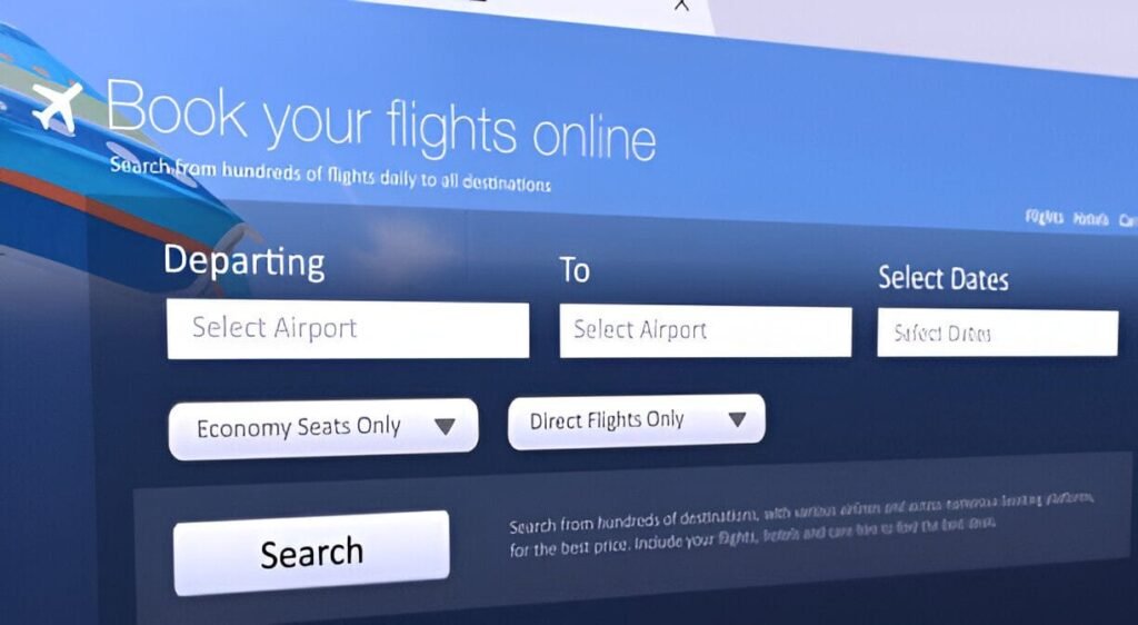 A laptop screen showing a flight search engine with discounted flight options.