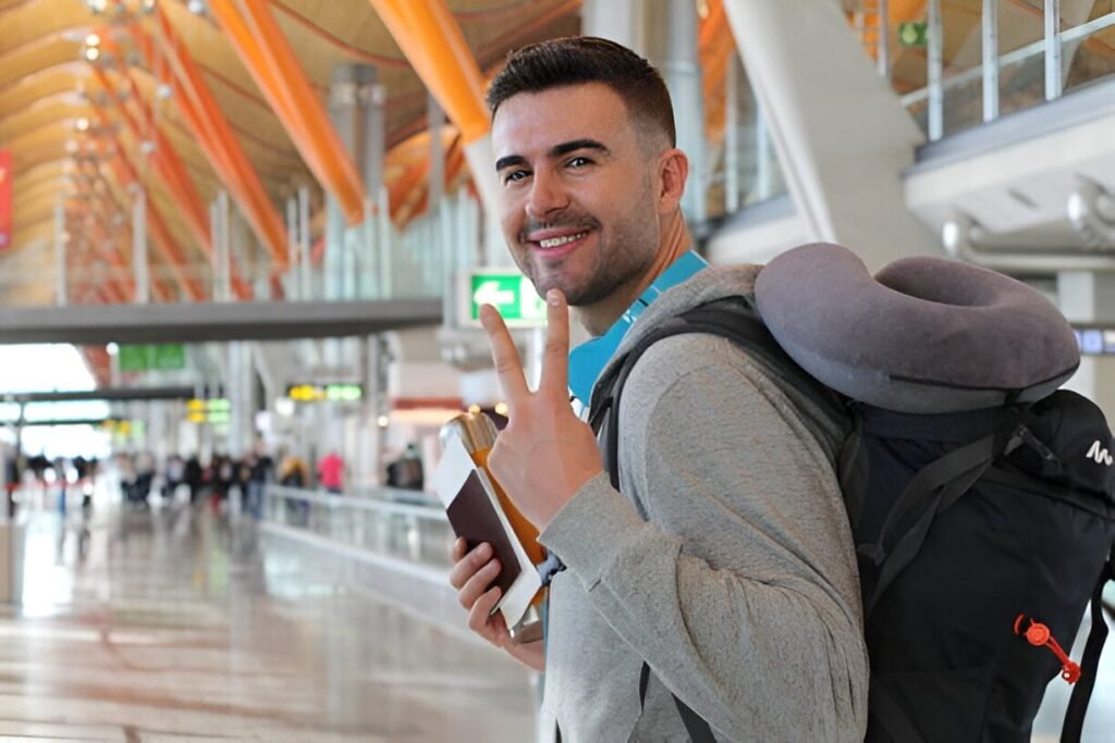 Smiling traveler holding a backpack and boarding pass, ready to embark on an affordable trip.