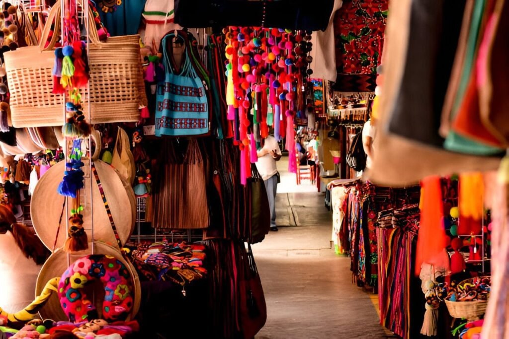 A bustling market in Mexico City filled with fresh produce and traditional crafts