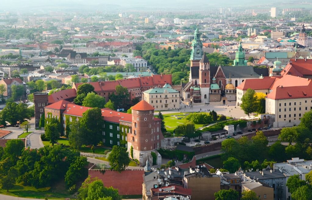 Wawel Castle surrounded by lush greenery.